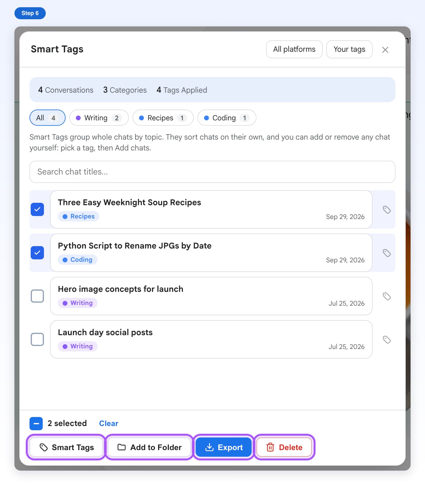 Two tagged chats ticked and the Smart Tags, Add to Folder, Export and Delete buttons in the bottom bar highlighted