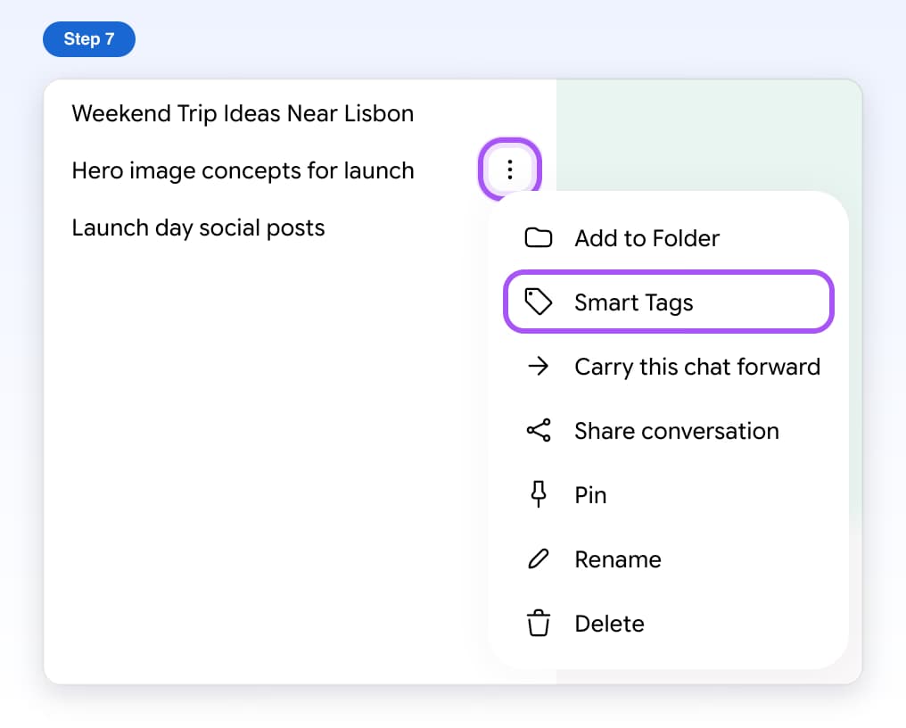 A chat's three dots on Gemini's left side and its menu with Smart Tags highlighted, just below Add to Folder