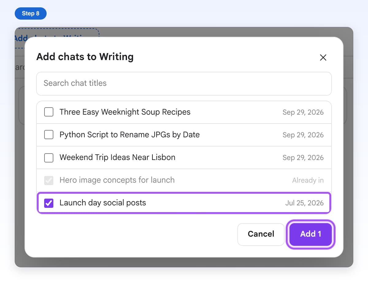 Add chats to Writing with one chat ticked, a chat already in the tag greyed out, and Add 1 highlighted