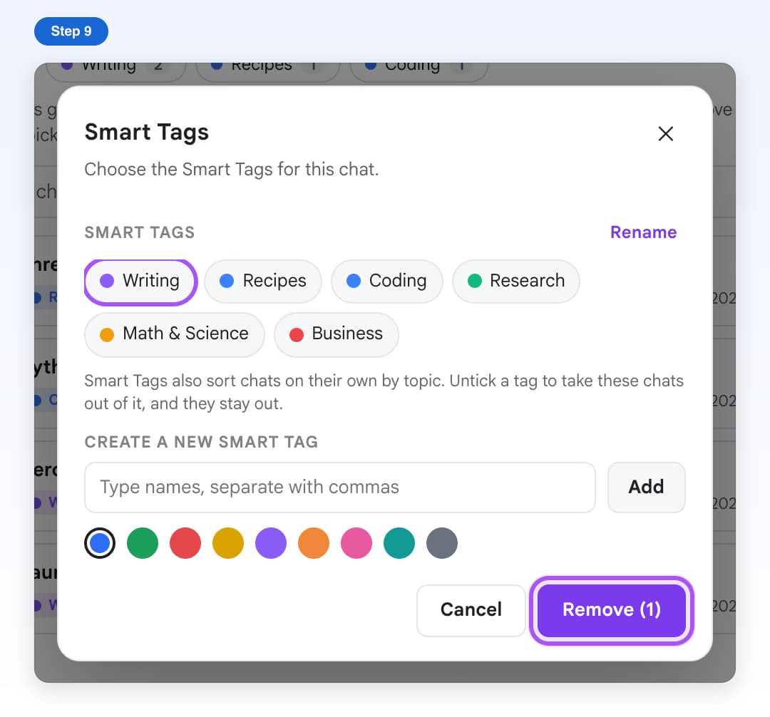 The chat's Smart Tags window with Writing unticked and the Remove (1) button highlighted