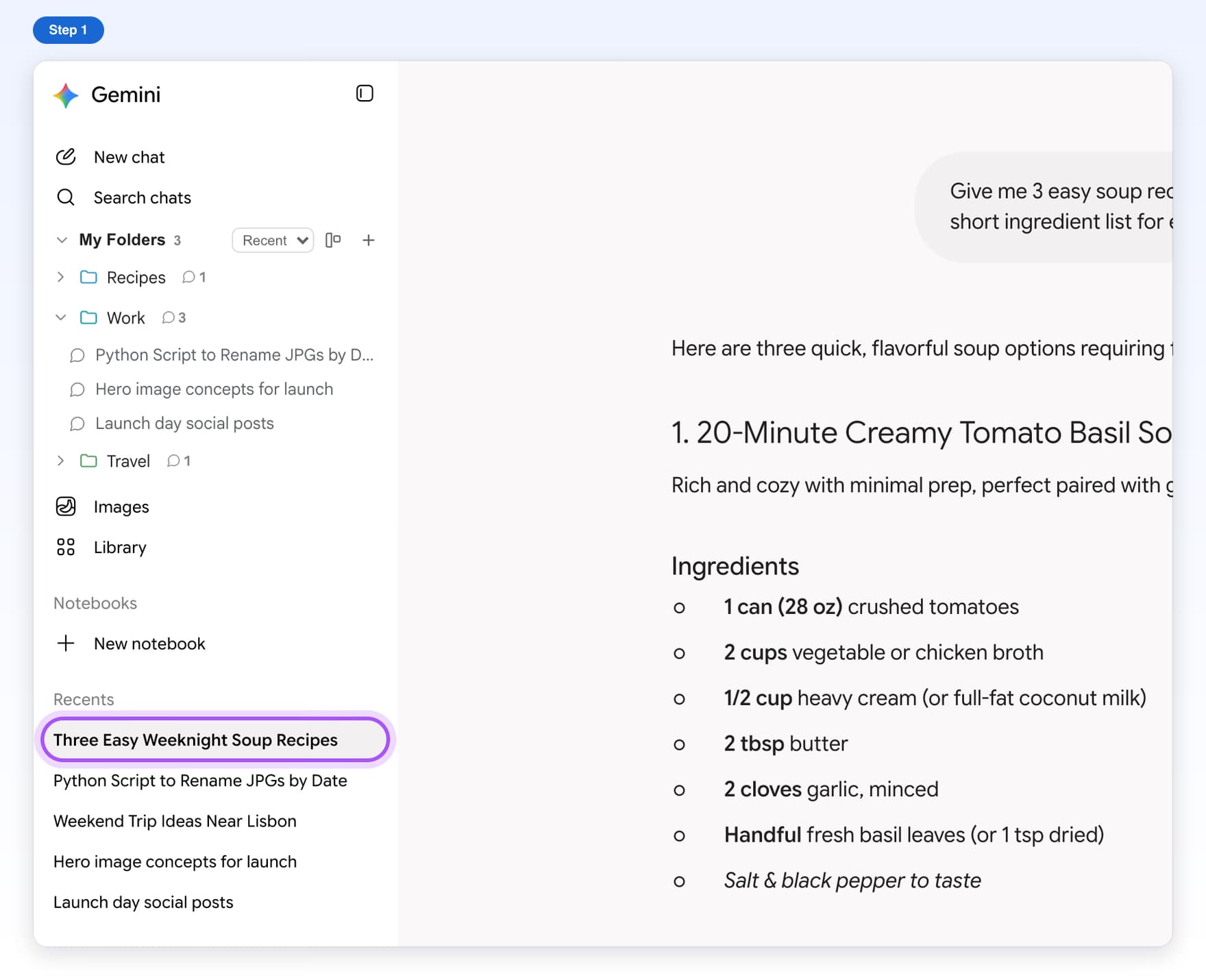 Gemini open on a chat, with the chat highlighted in the list on the left