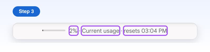 The three parts of the usage bar highlighted: 2%, Current usage and resets 03:04 PM