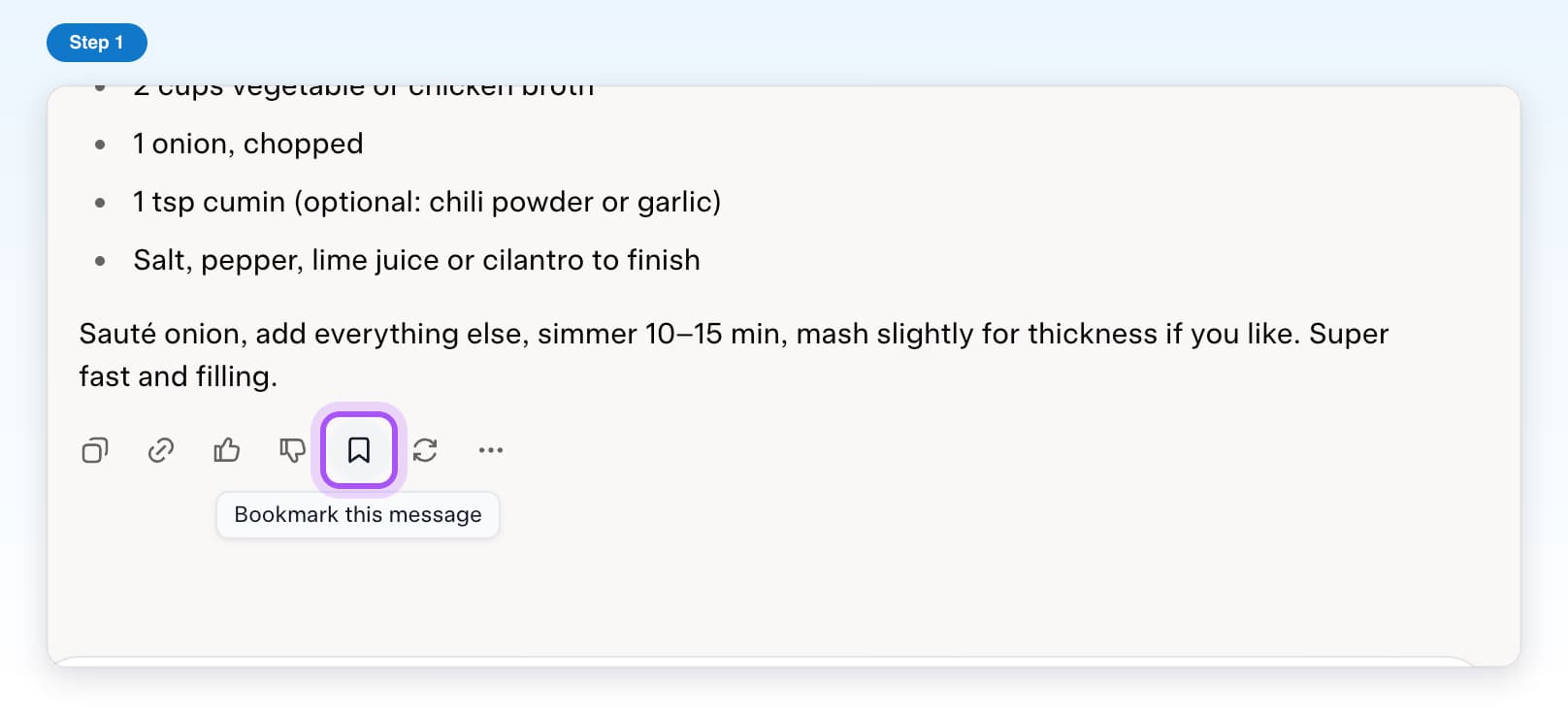 The bookmark button under a Grok answer, right after thumbs down, highlighted, with the tip Bookmark this message