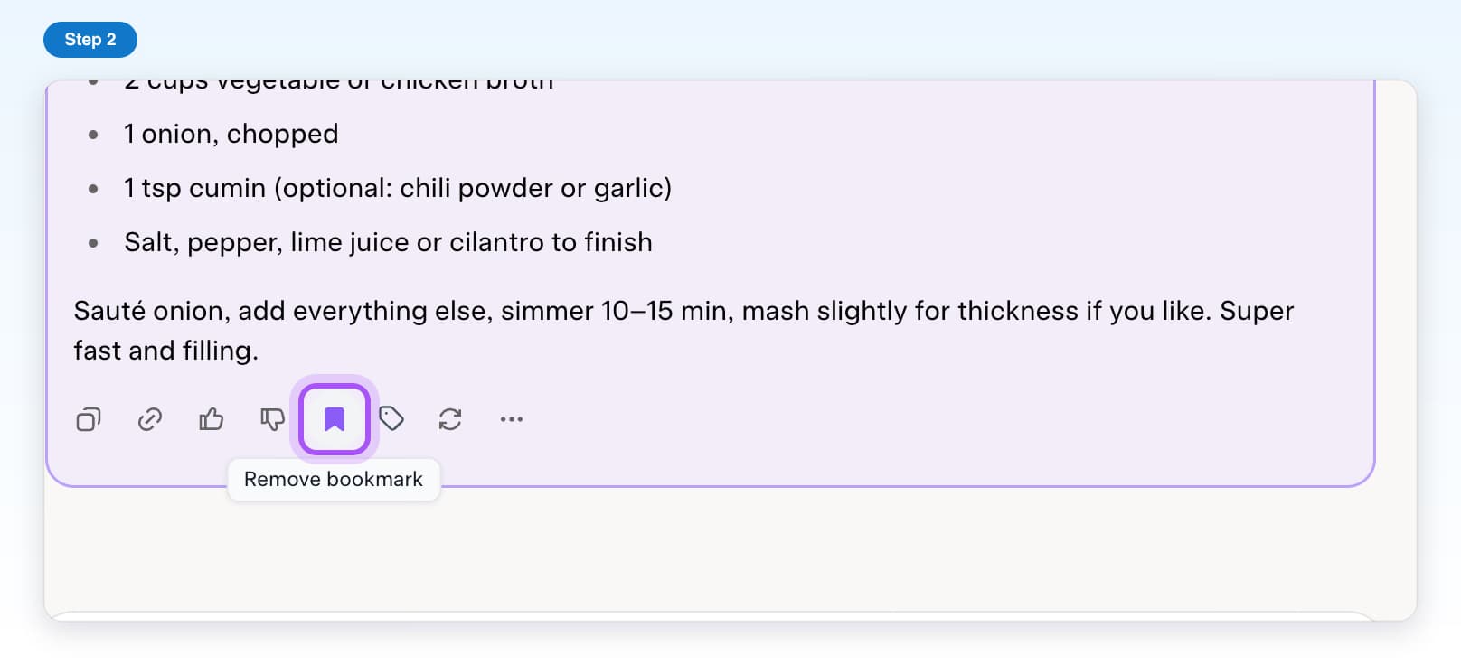 After clicking, the bookmark icon is filled, the answer is tinted and the tip says Remove bookmark