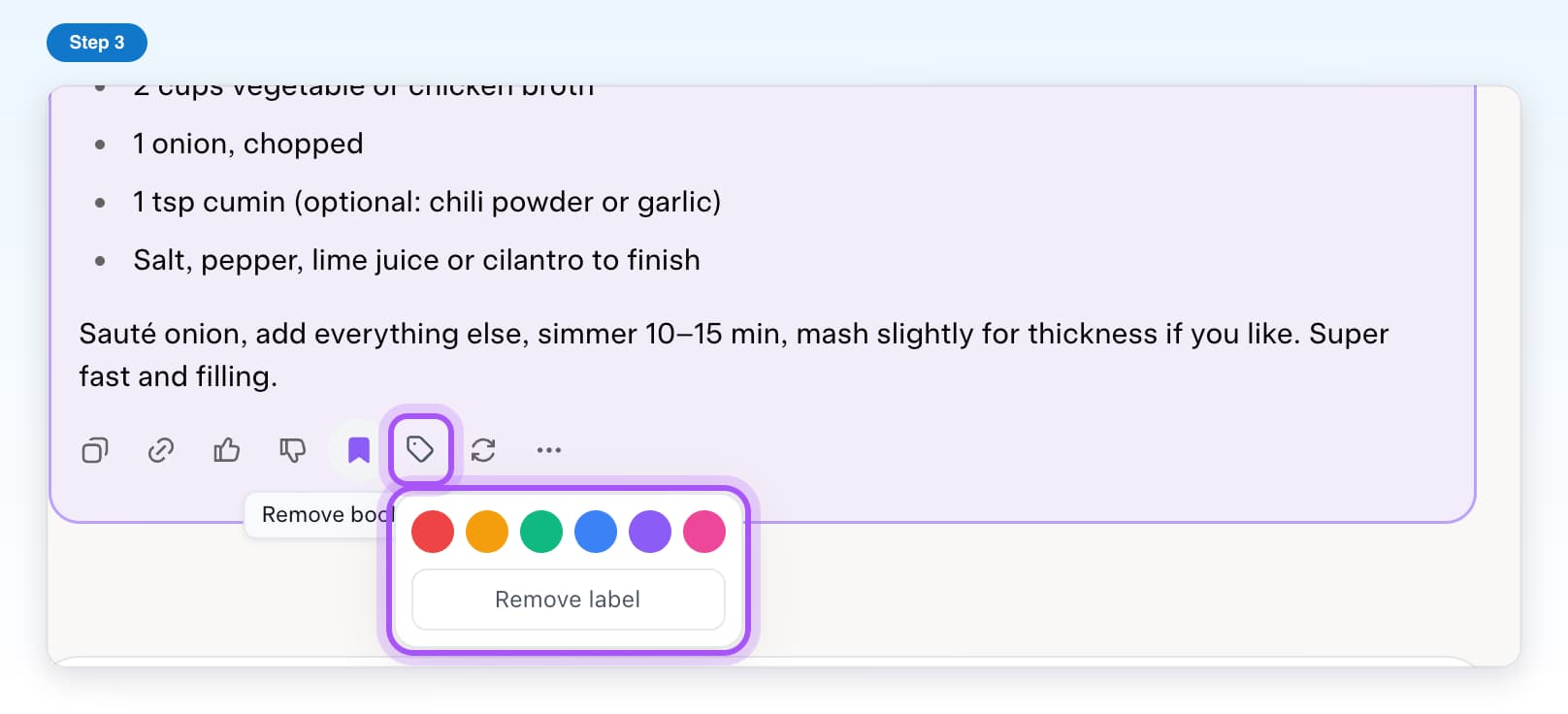 The Label button next to the bookmark and the six color dots with Remove label, highlighted