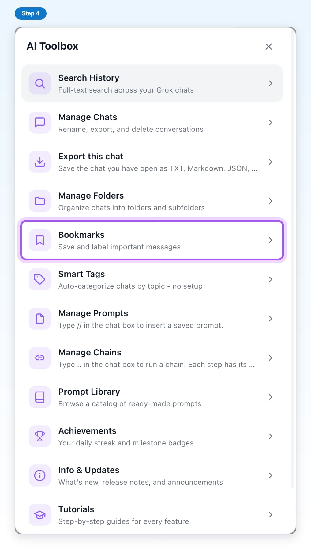 The AI Toolbox window on Grok with its list of features and the Bookmarks row highlighted