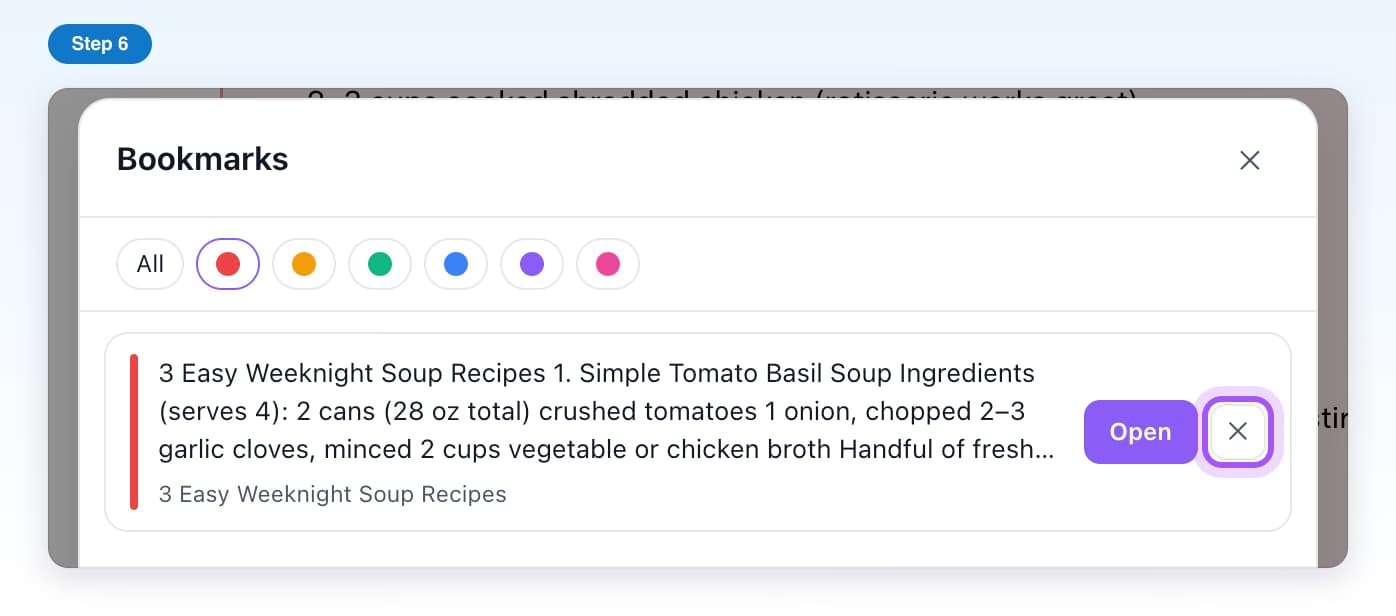 The X button next to a bookmark in the Bookmarks window, highlighted