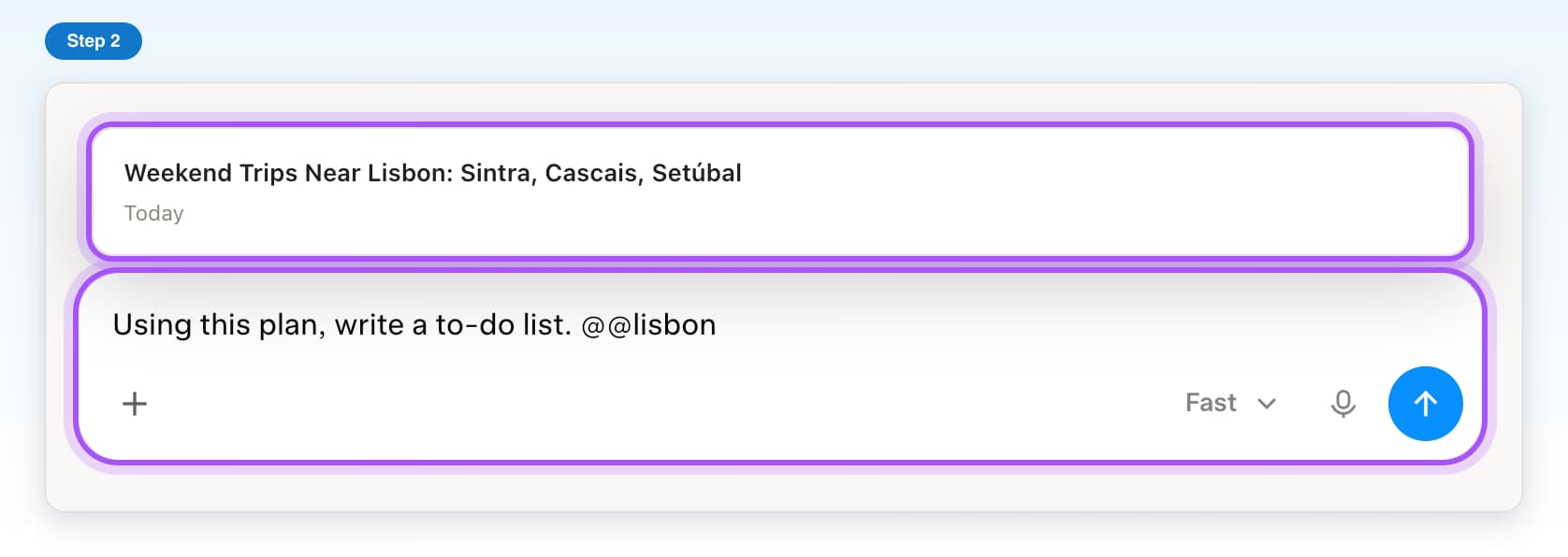Typing @@lisbon opens a list of past chats narrowed to Weekend Trips Near Lisbon, highlighted