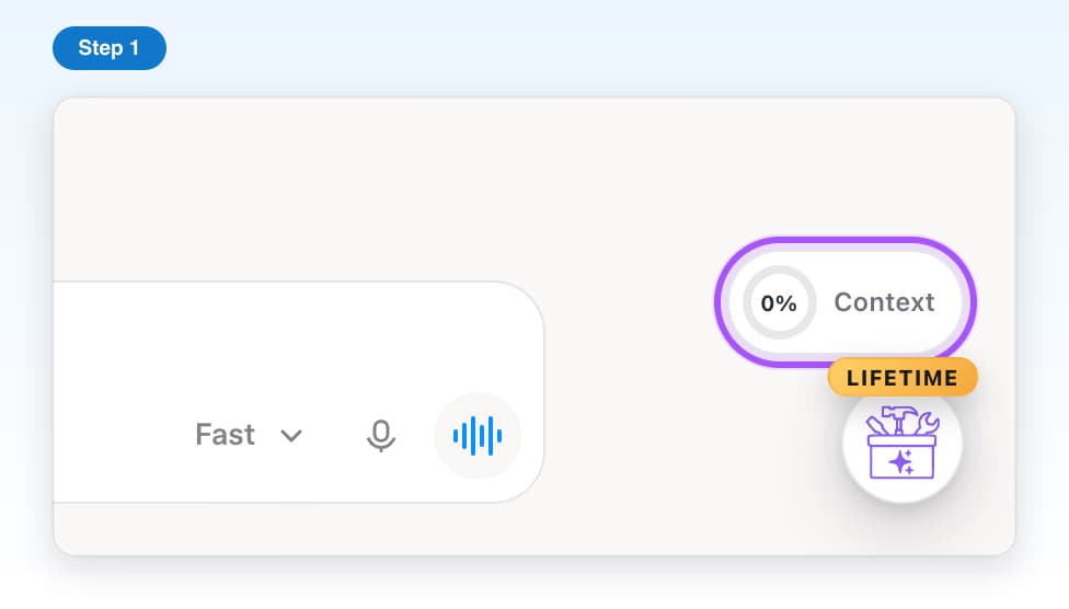 The Context ring with a percentage just above the round AI Toolbox button on Grok, highlighted