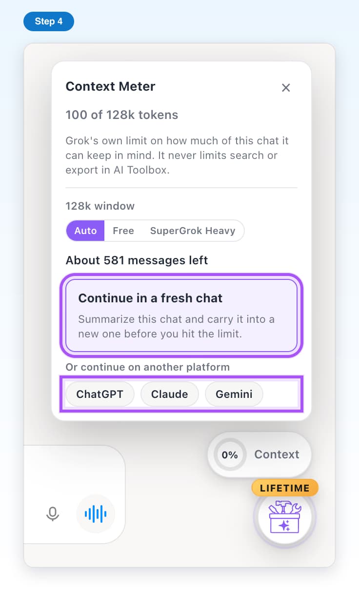Continue in a fresh chat and the ChatGPT, Claude and Gemini buttons highlighted in the card
