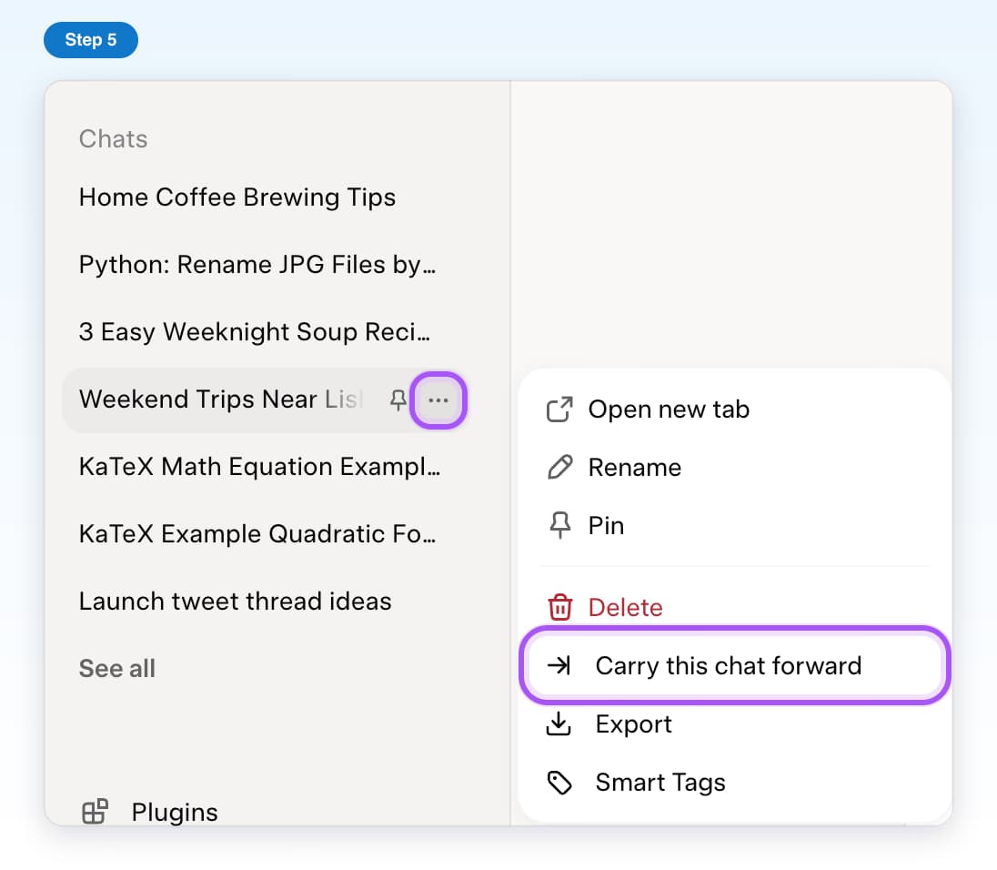 A chat's three-dot menu in grok.com's chat list, with Carry this chat forward highlighted