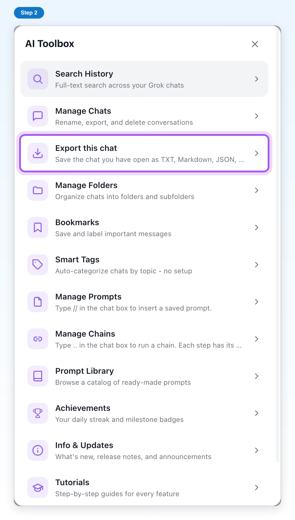 The AI Toolbox window on Grok with its list of features and the Export this chat row highlighted