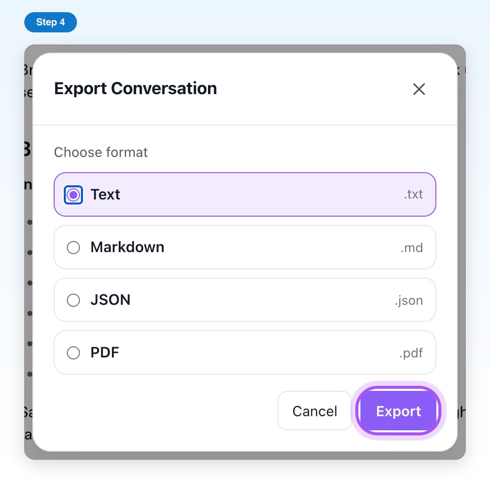 The Export button highlighted at the bottom of the Export Conversation window