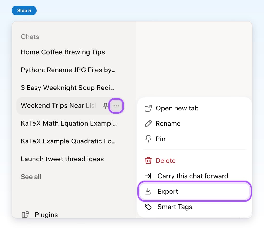 A chat's three-dot menu in grok.com's chat list, with Export highlighted