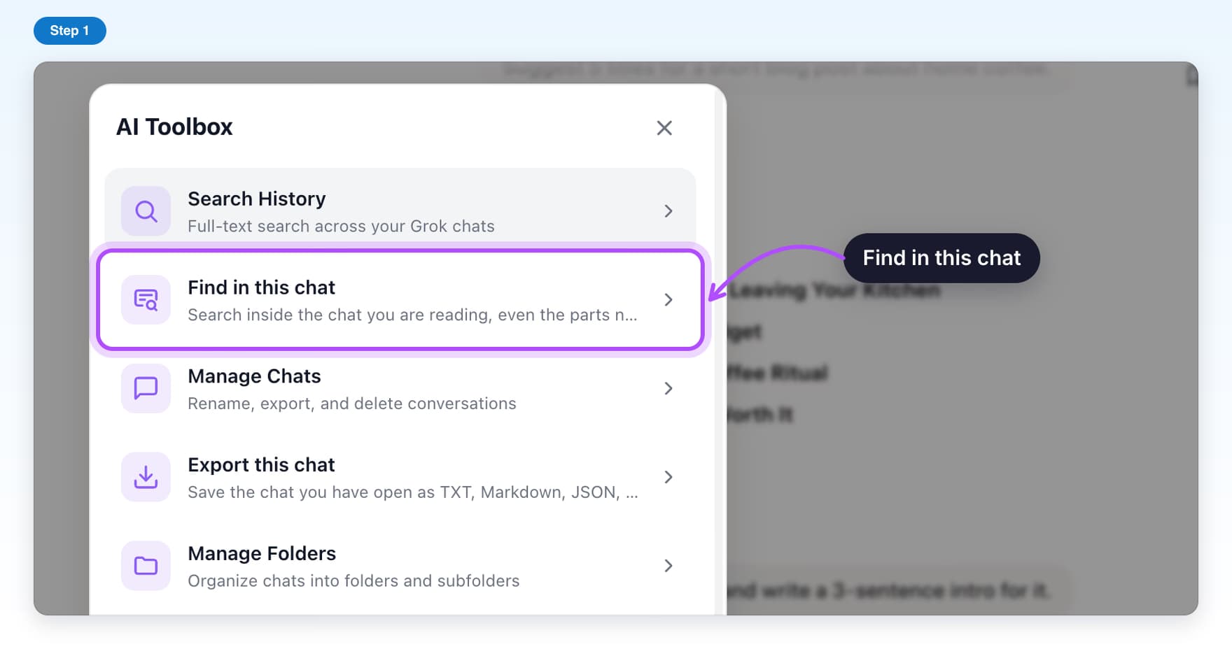 The AI Toolbox list on Grok with Find in this chat highlighted, right under Search History
