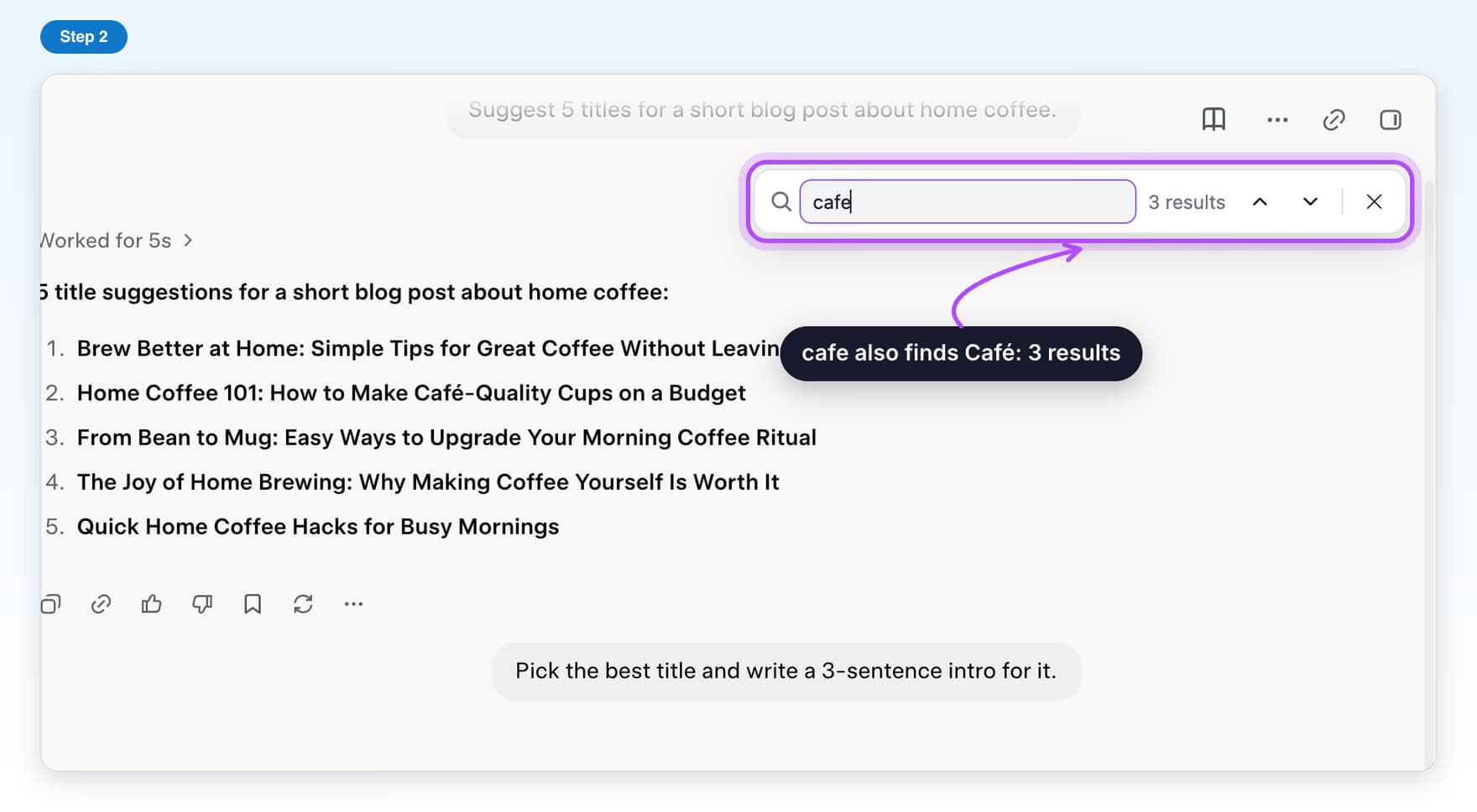 The find bar at the top right of the Grok chat with cafe typed and 3 results, highlighted