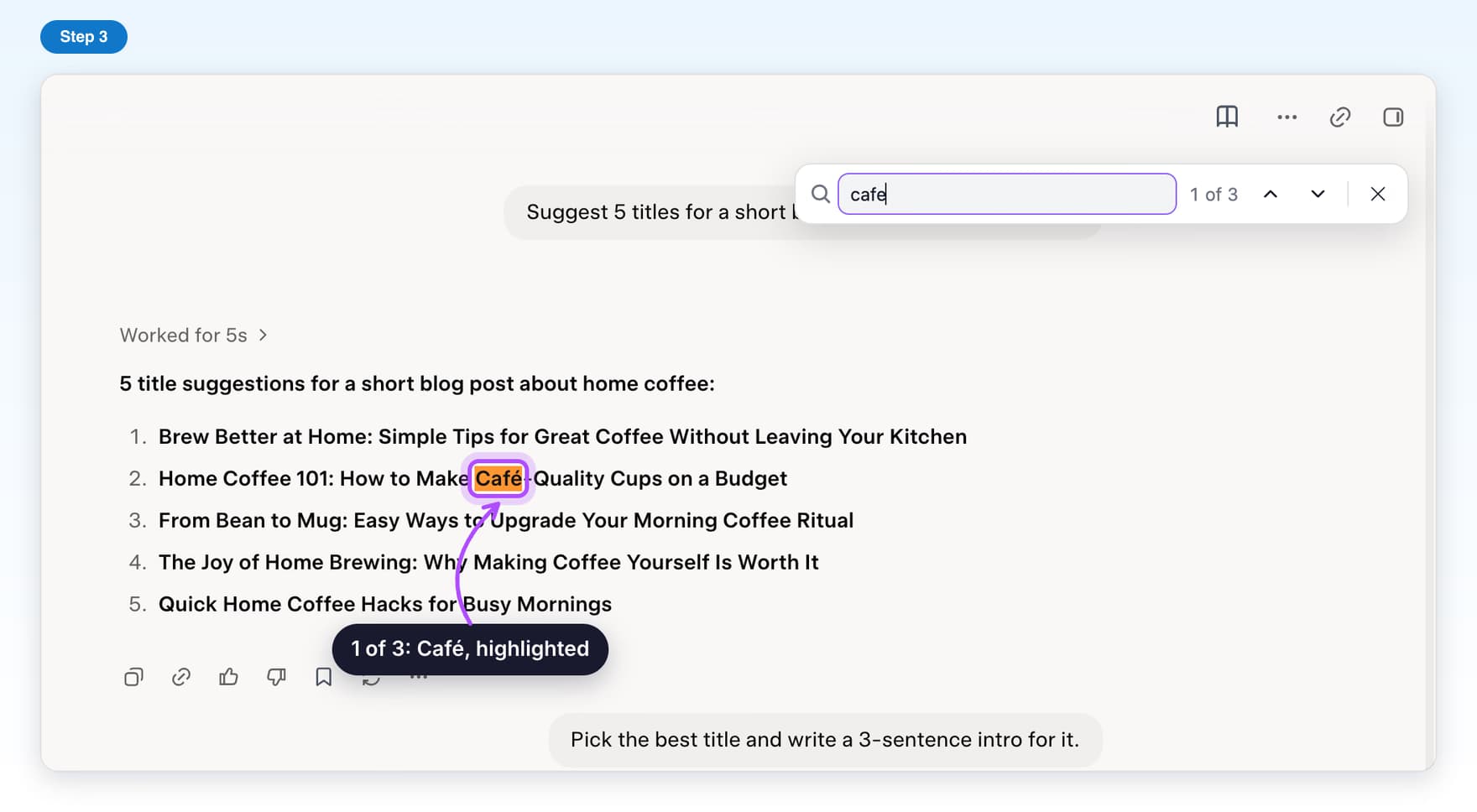On 1 of 3 the word Café in a title suggestion is highlighted in orange, found by typing cafe