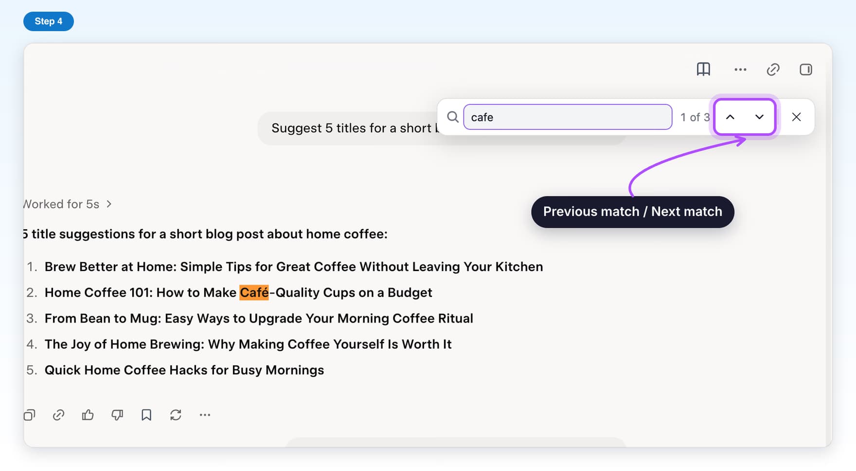 The up and down arrows in the find bar highlighted, to move to the previous or next match