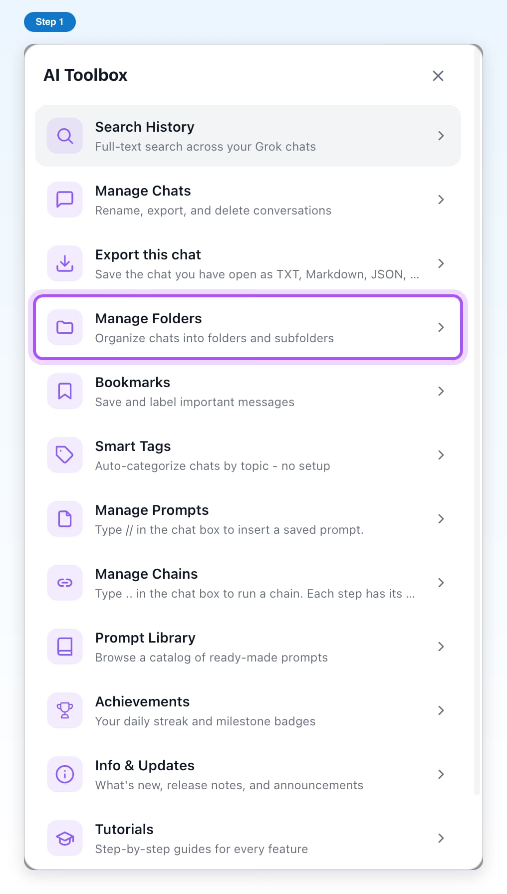 The AI Toolbox window on Grok with its list of features and the Manage Folders row highlighted