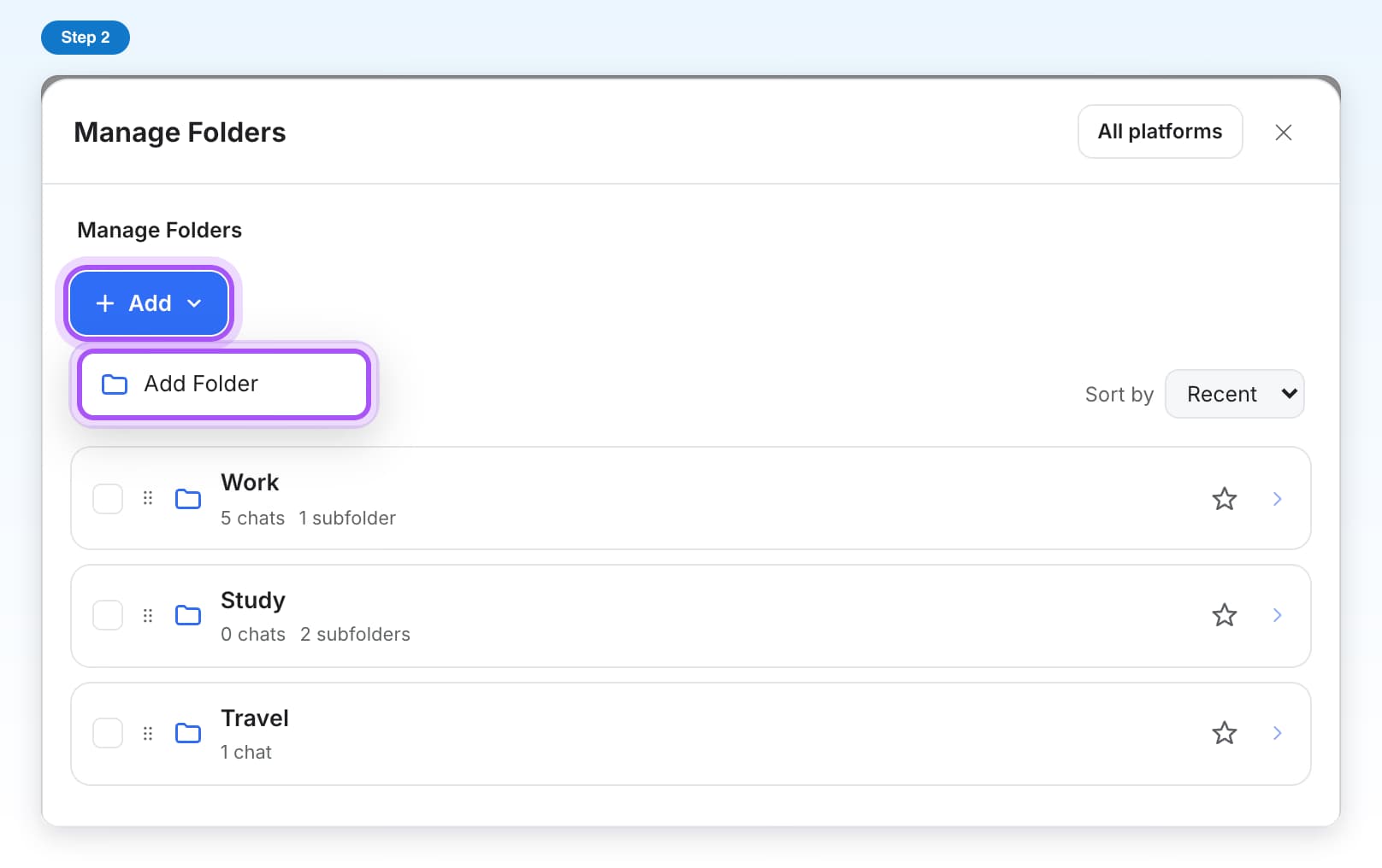Manage Folders on Grok with the Add button open and Add Folder highlighted