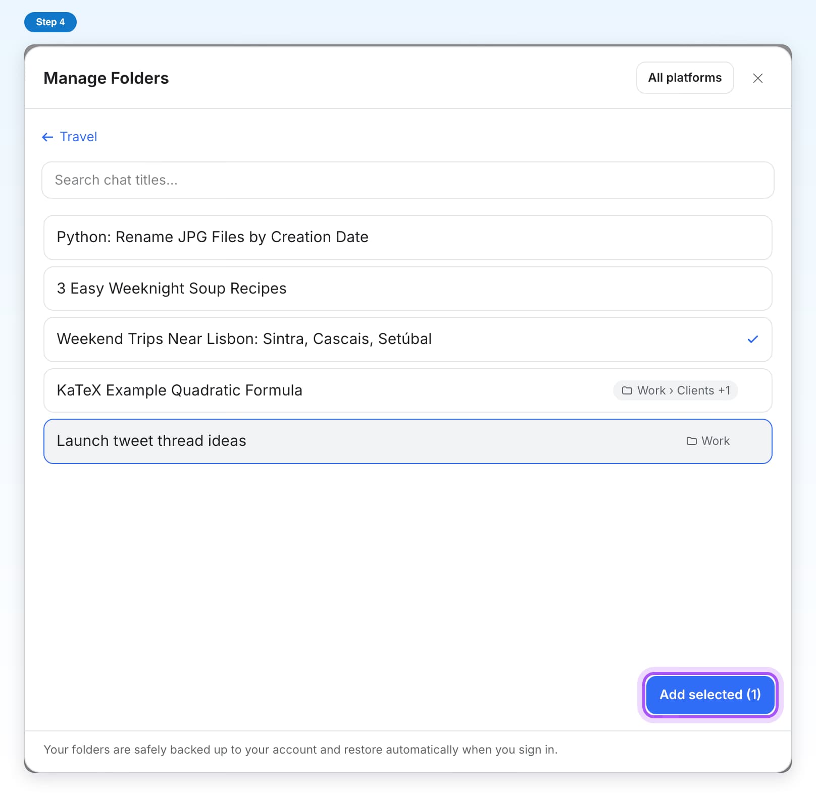 The Add Chats list inside a folder with one chat checked and Add selected (1) highlighted