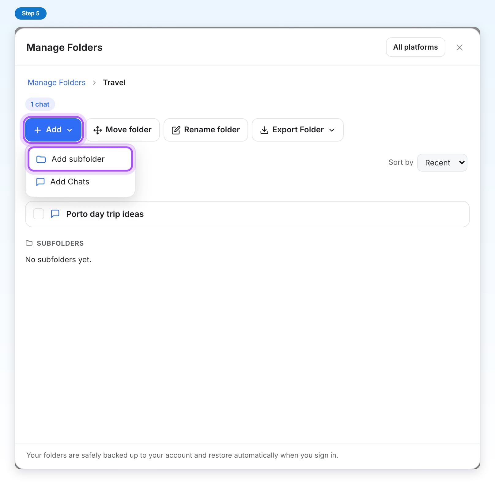 Inside a folder, the Add menu open with Add subfolder highlighted