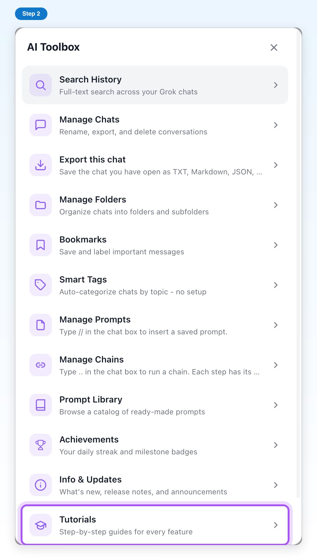 The AI Toolbox window on Grok with one row per feature and the Tutorials row near the bottom highlighted