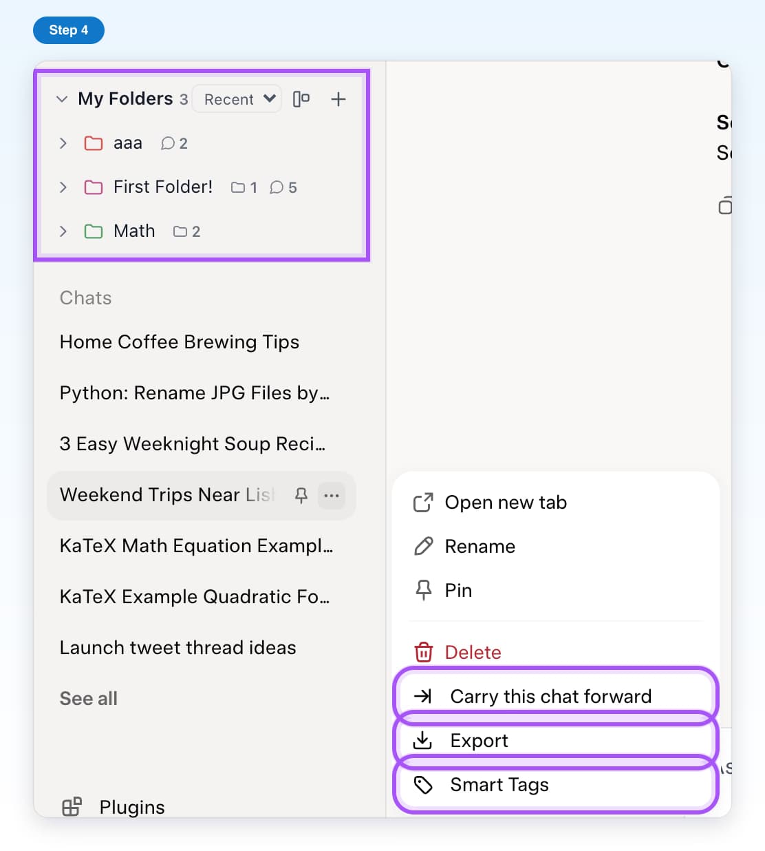 My Folders above the chat list on grok.com, and a chat's menu with Carry this chat forward, Export and Smart Tags