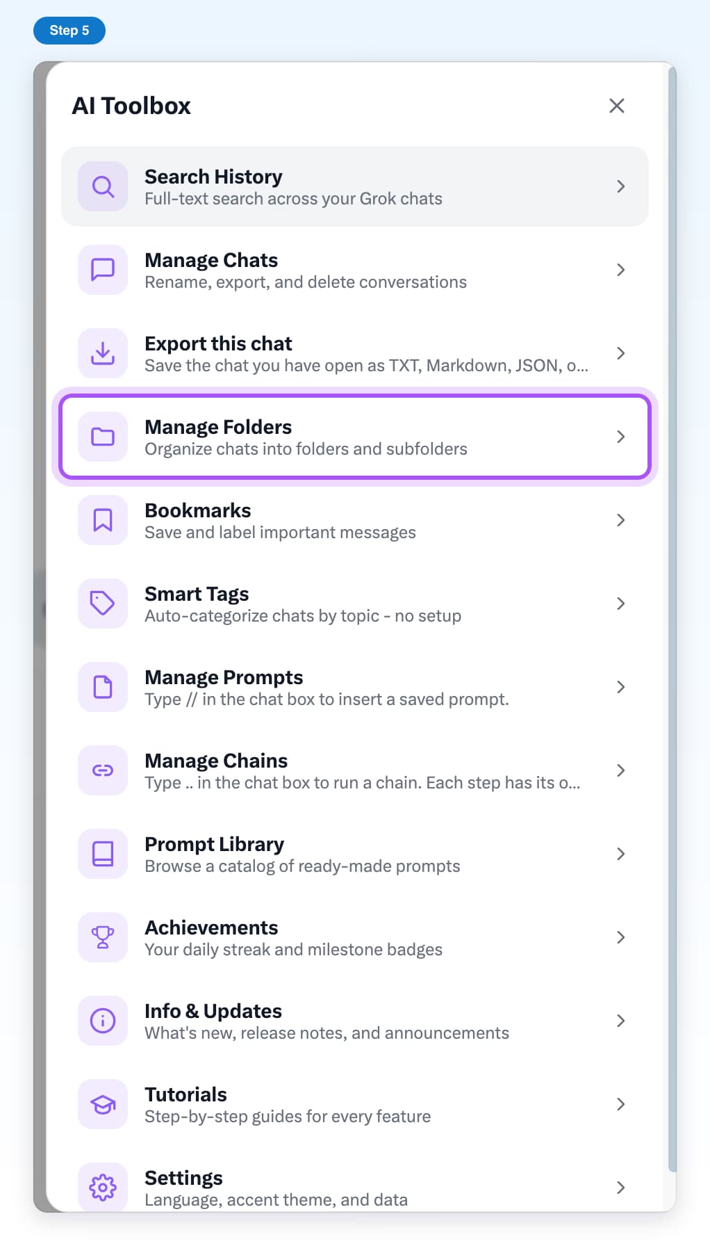 The AI Toolbox window on Grok in X, with the Manage Folders row highlighted
