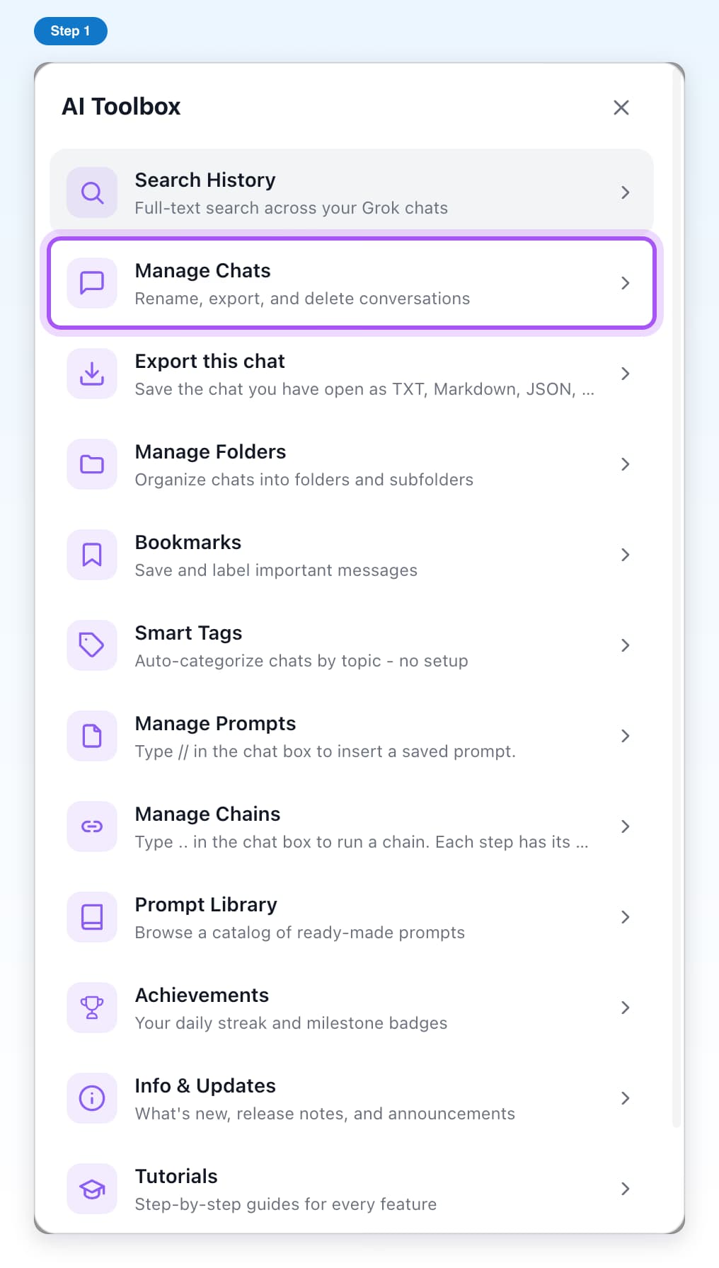 The AI Toolbox window on Grok with its list of features and the Manage Chats row highlighted