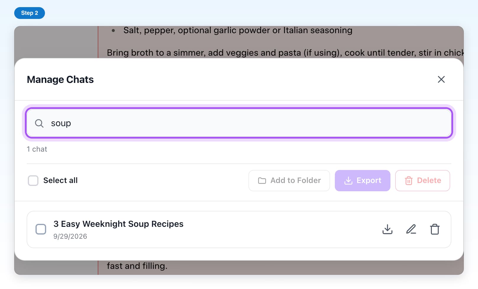 Manage Chats on Grok with soup typed in the Filter chats box, highlighted, and one matching chat
