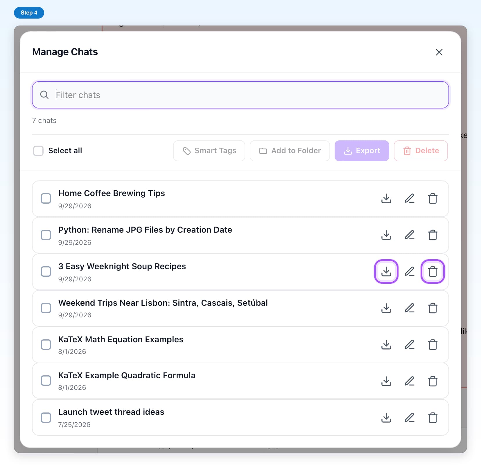 The download (export) and trash (delete) buttons next to a chat, highlighted