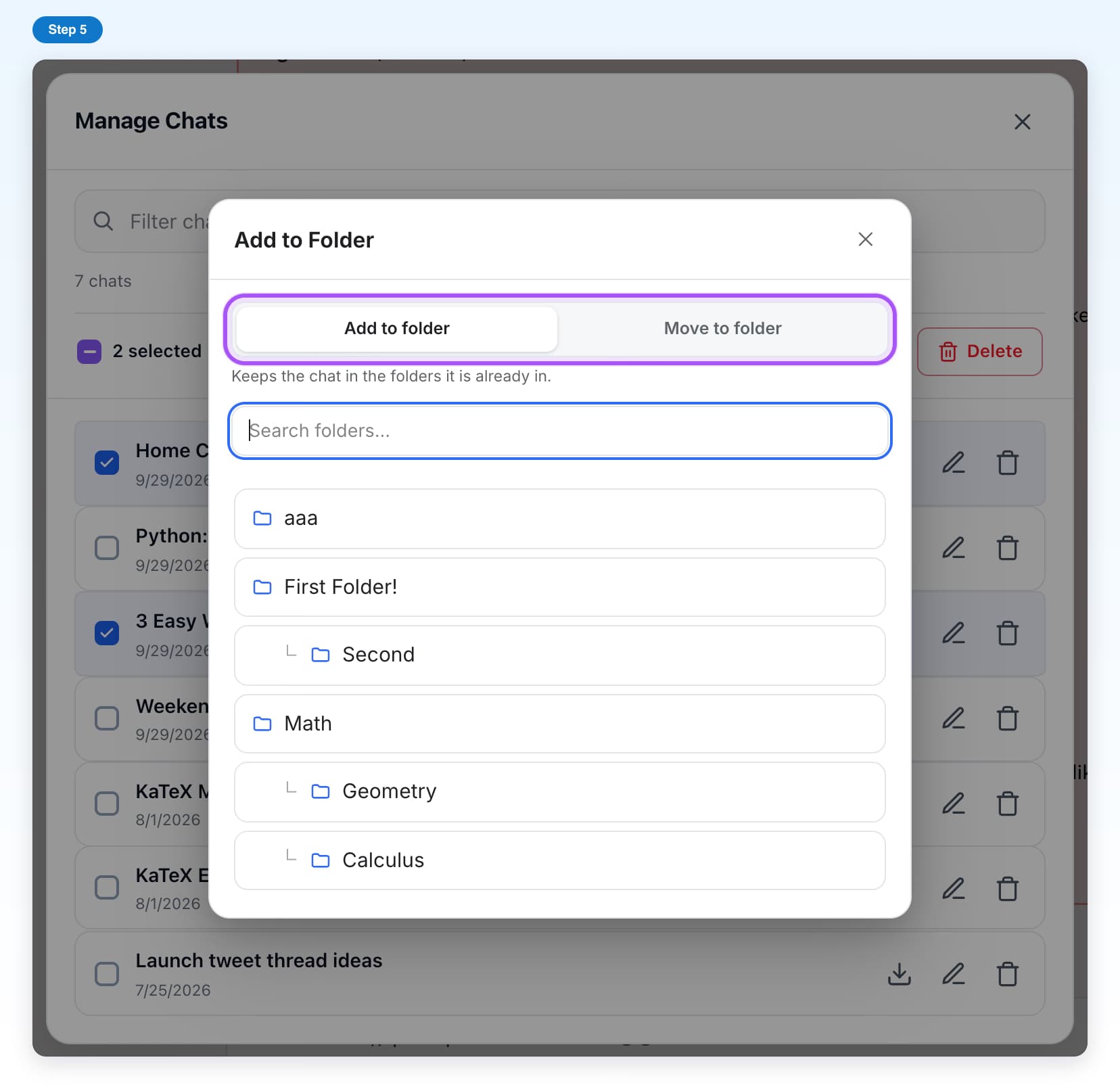 The Add to Folder window with the Add to folder and Move to folder choice highlighted at the top