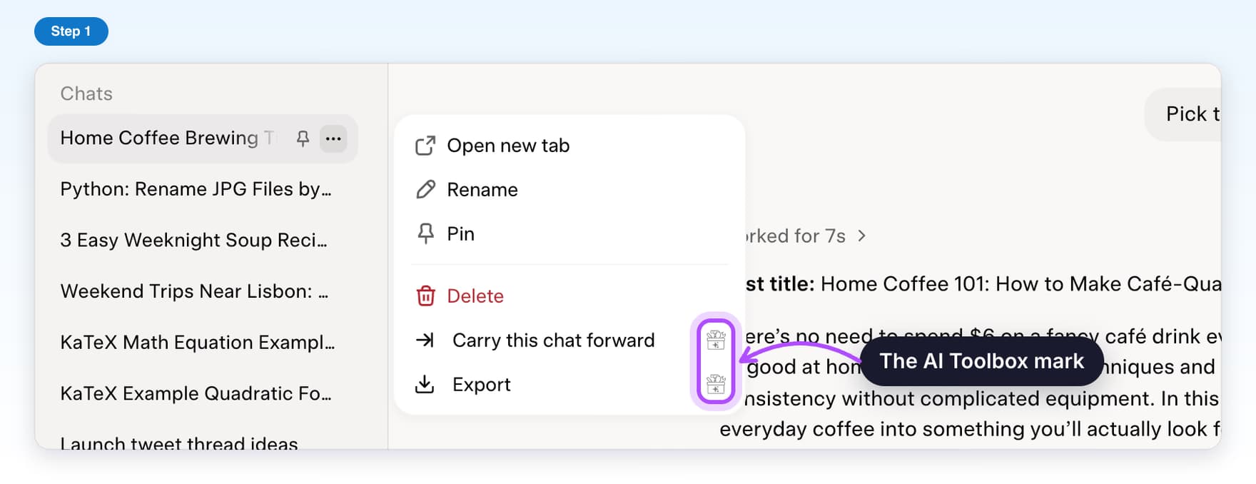 A Grok chat's menu with the AI Toolbox mark highlighted next to Carry this chat forward and Export