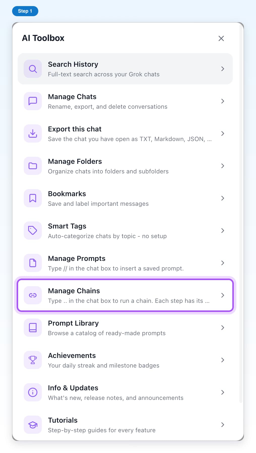 The AI Toolbox window on Grok with its list of features and the Manage Chains row highlighted