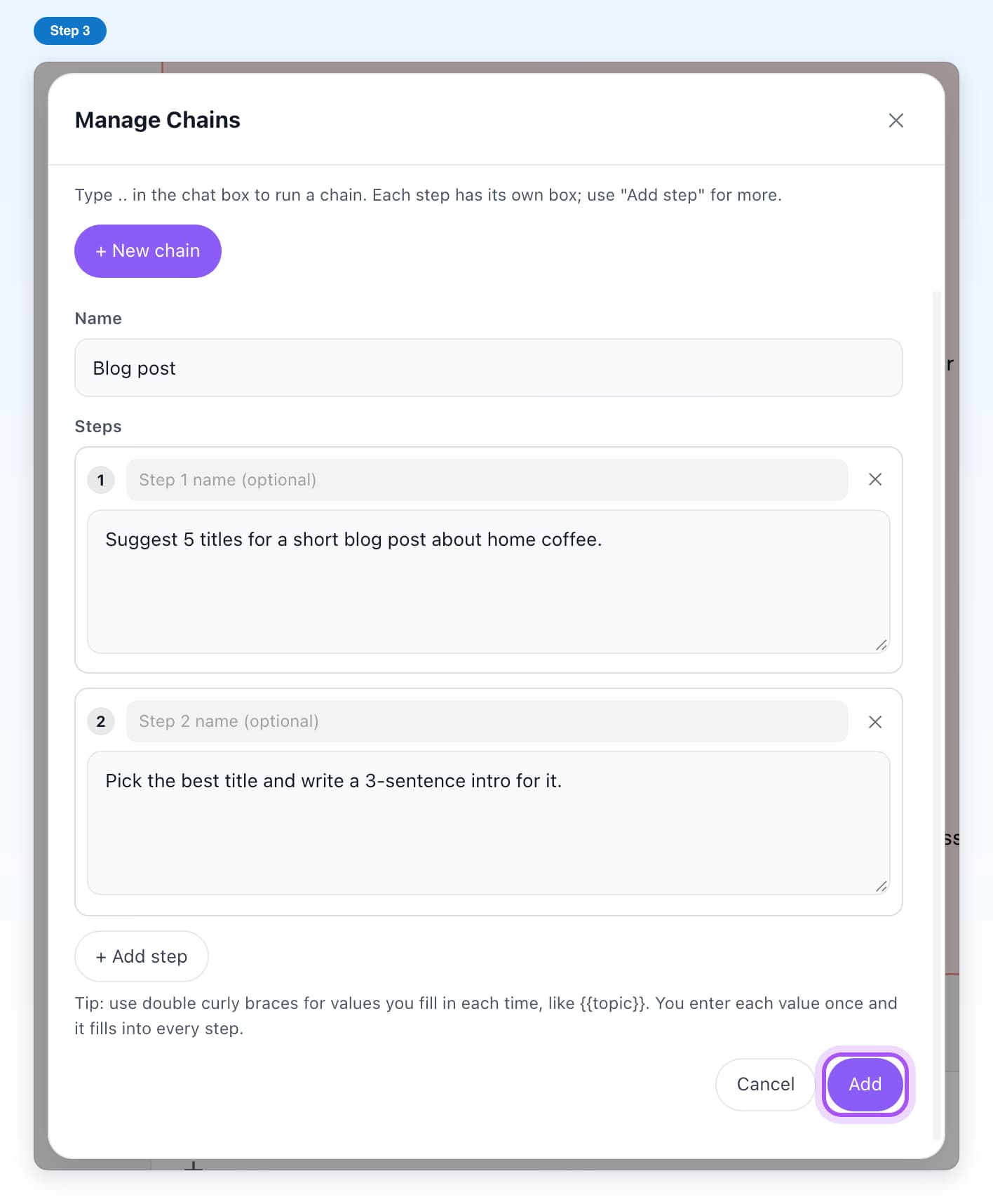 The finished chain form with the Add button highlighted