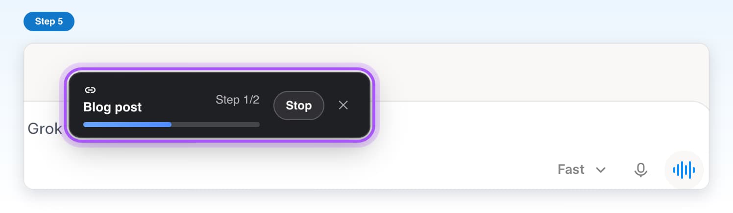 The chain progress box near the message box showing Blog post, Step 1/2 and a Stop button