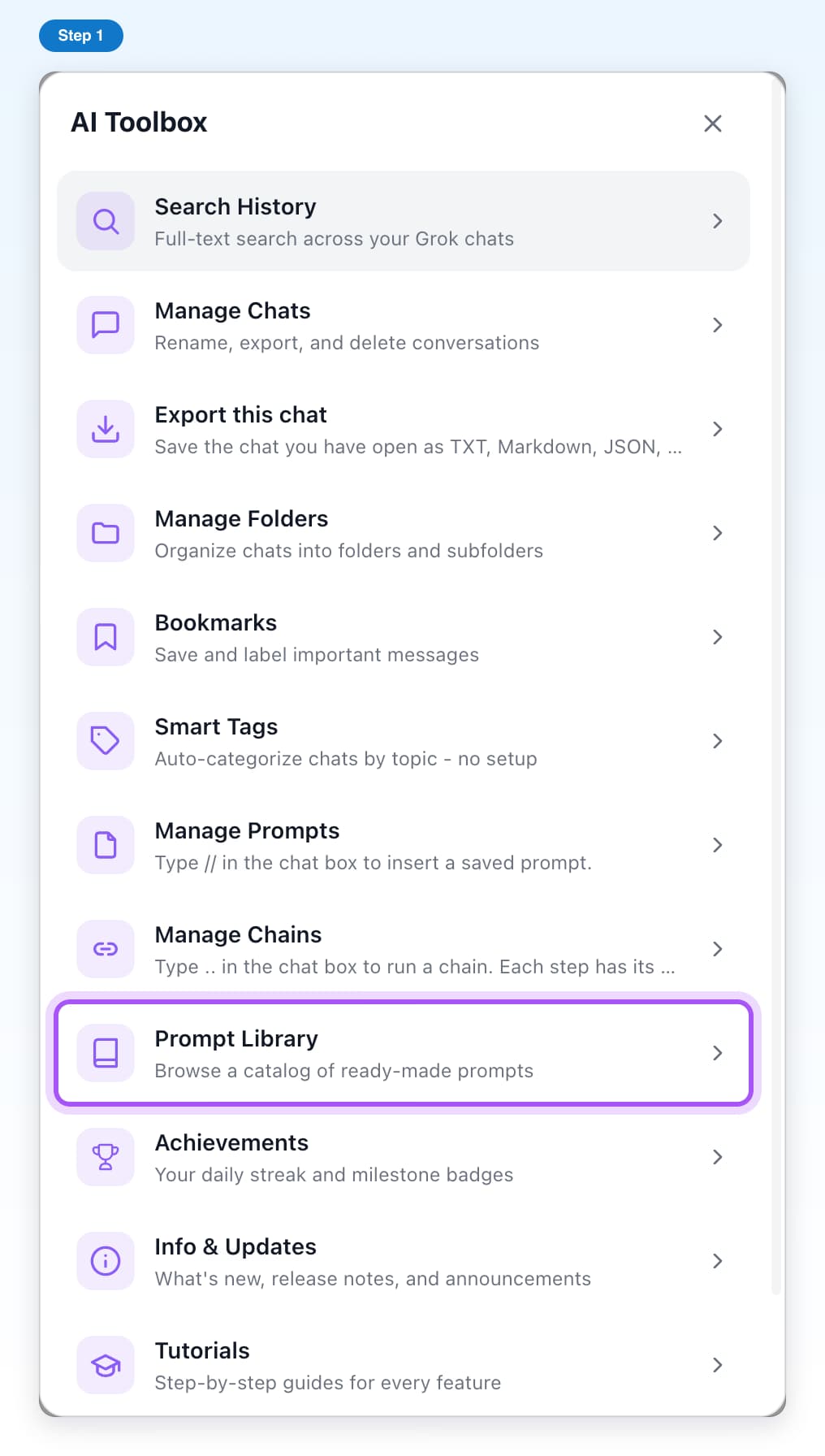 The AI Toolbox window on Grok with its list of features and the Prompt Library row highlighted