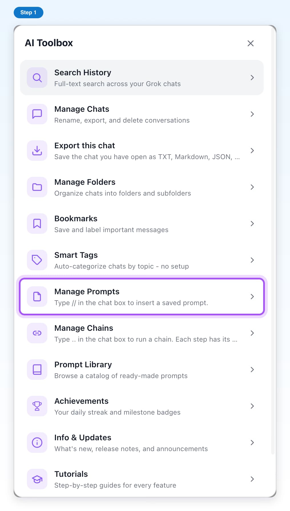 The AI Toolbox window on Grok with its list of features and the Manage Prompts row highlighted