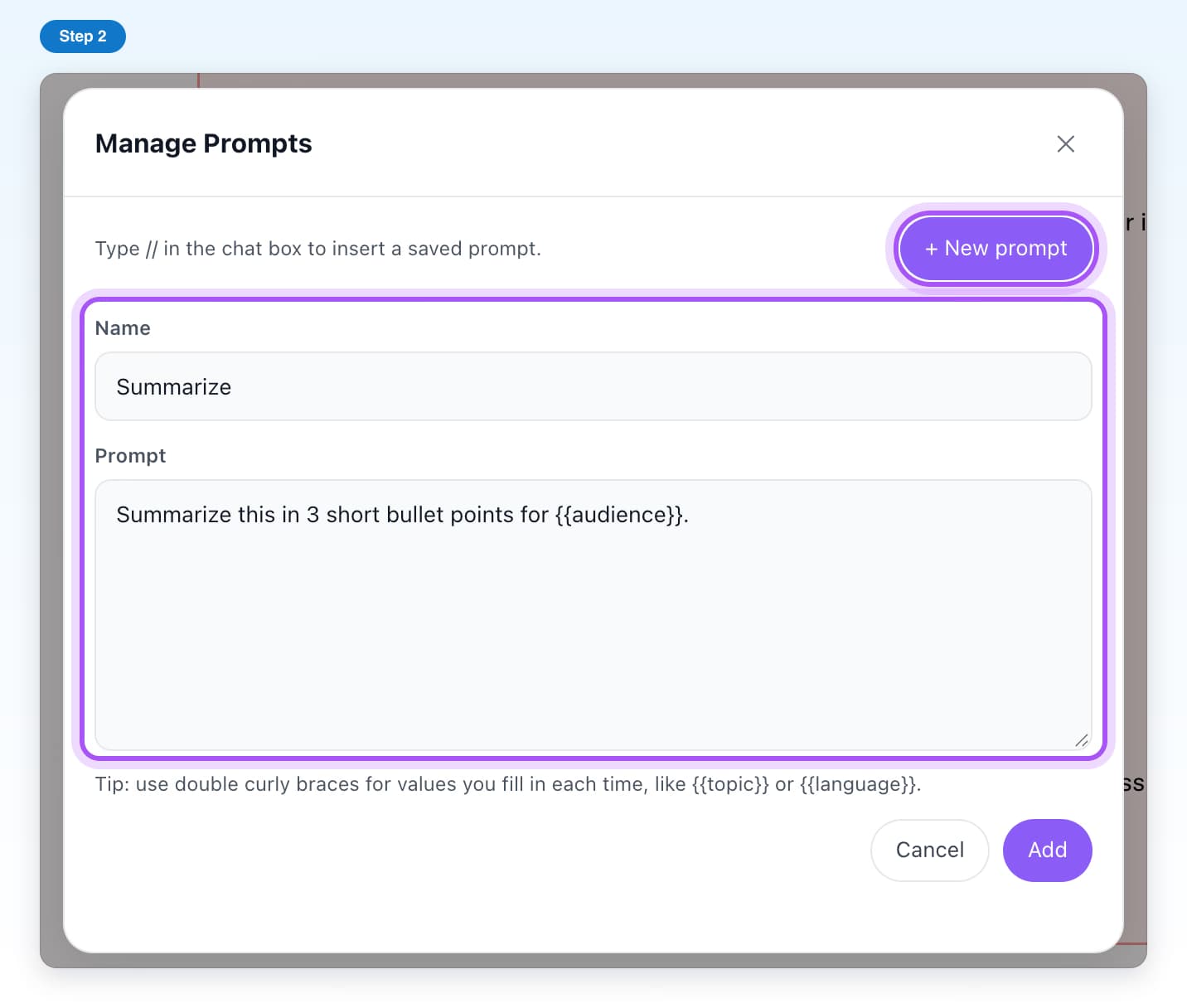 Manage Prompts on Grok with + New prompt highlighted and the Name and Prompt fields filled in below it