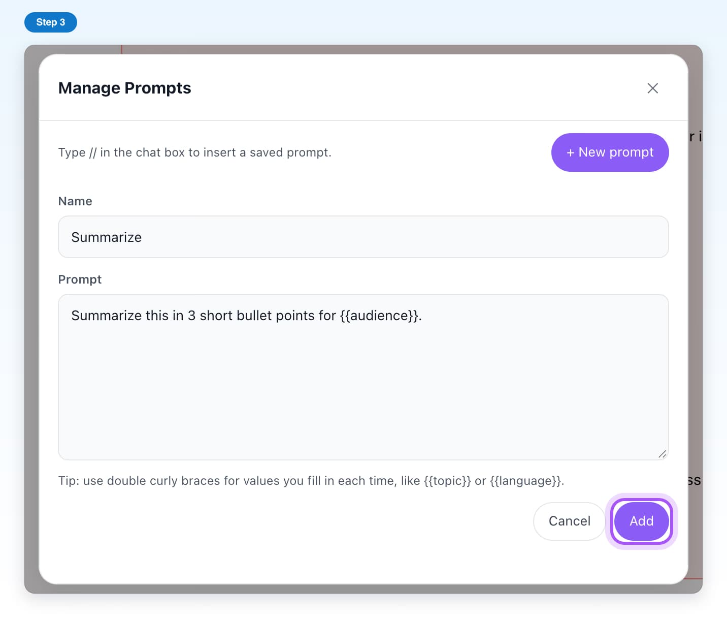 The new prompt form filled in, with the Add button highlighted