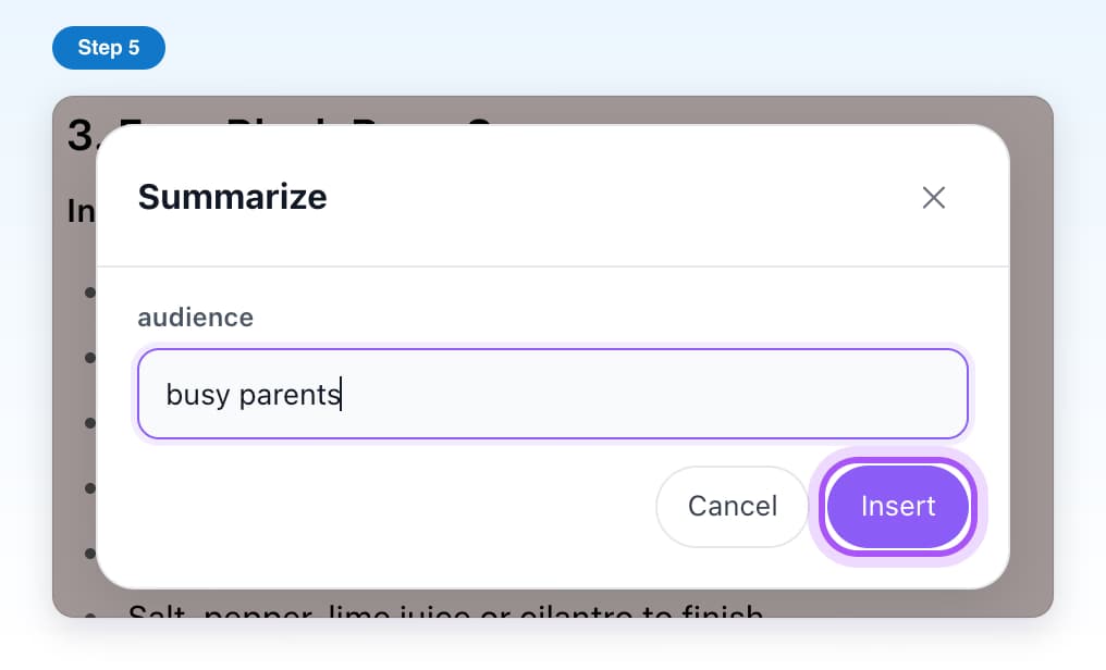 A small window named Summarize asking for audience, with busy parents typed and Insert highlighted