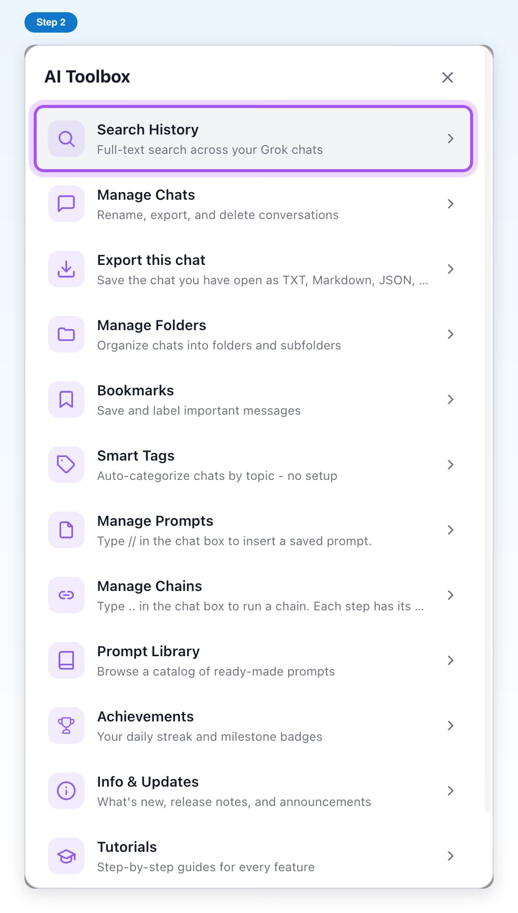 The AI Toolbox window on Grok with its list of features and the Search History row highlighted