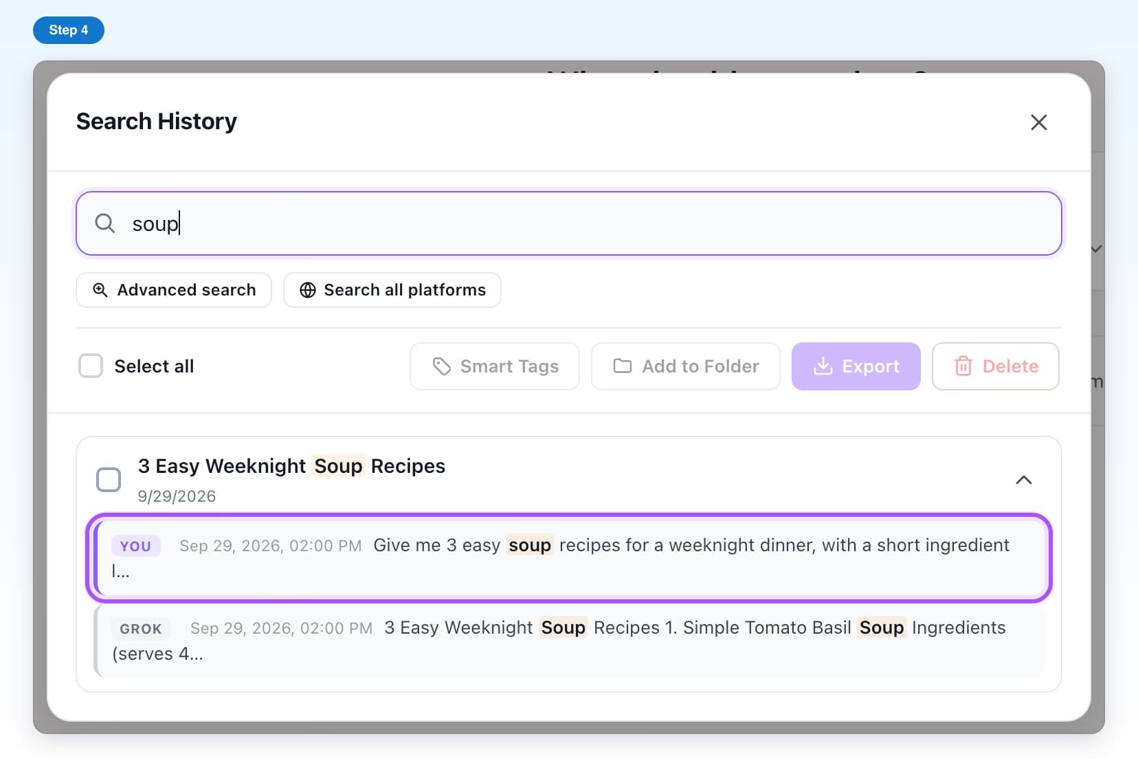 A matching message under a result, highlighted, ready to click to open the chat at that message