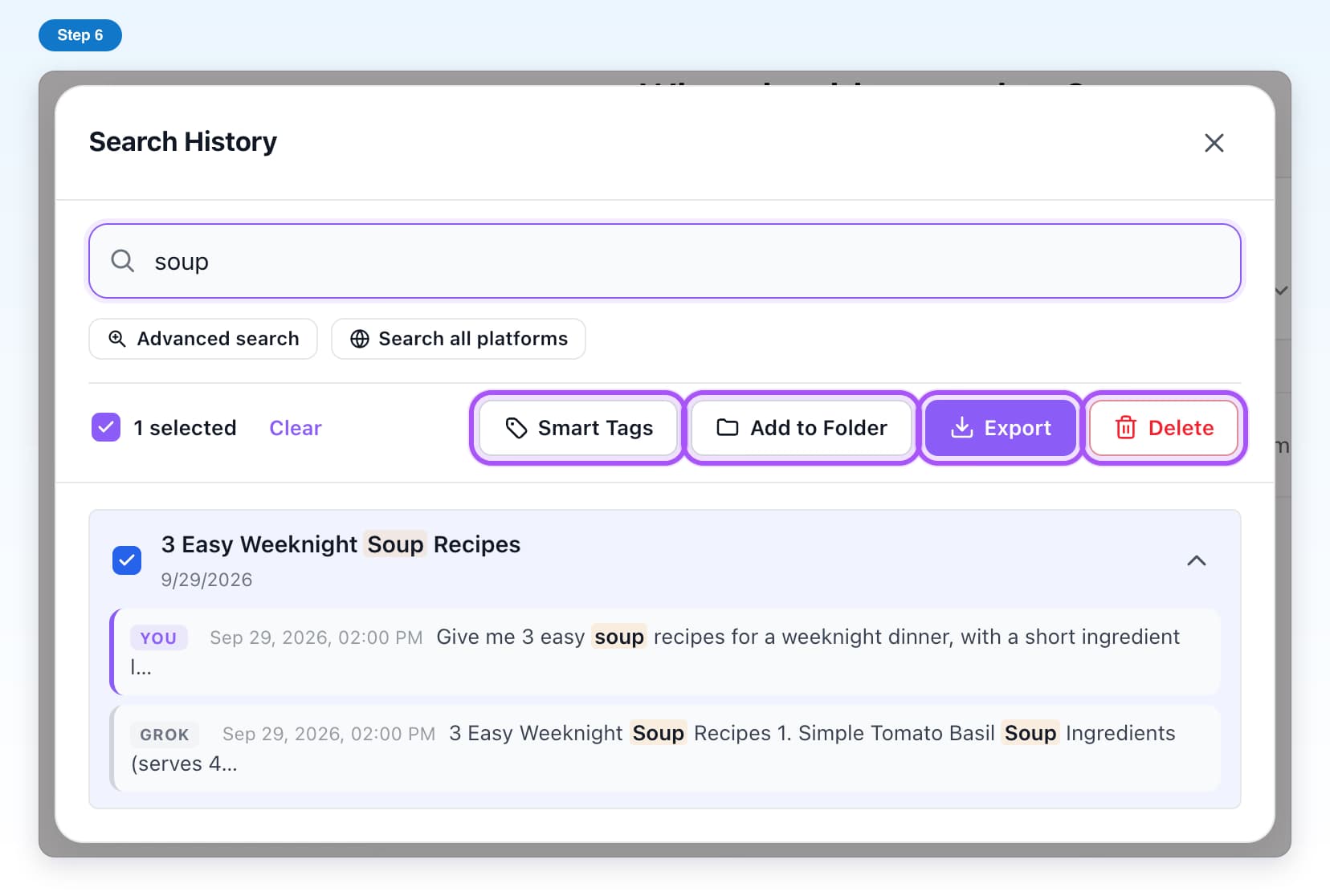 One result ticked and the Smart Tags, Add to Folder, Export and Delete buttons at the top highlighted