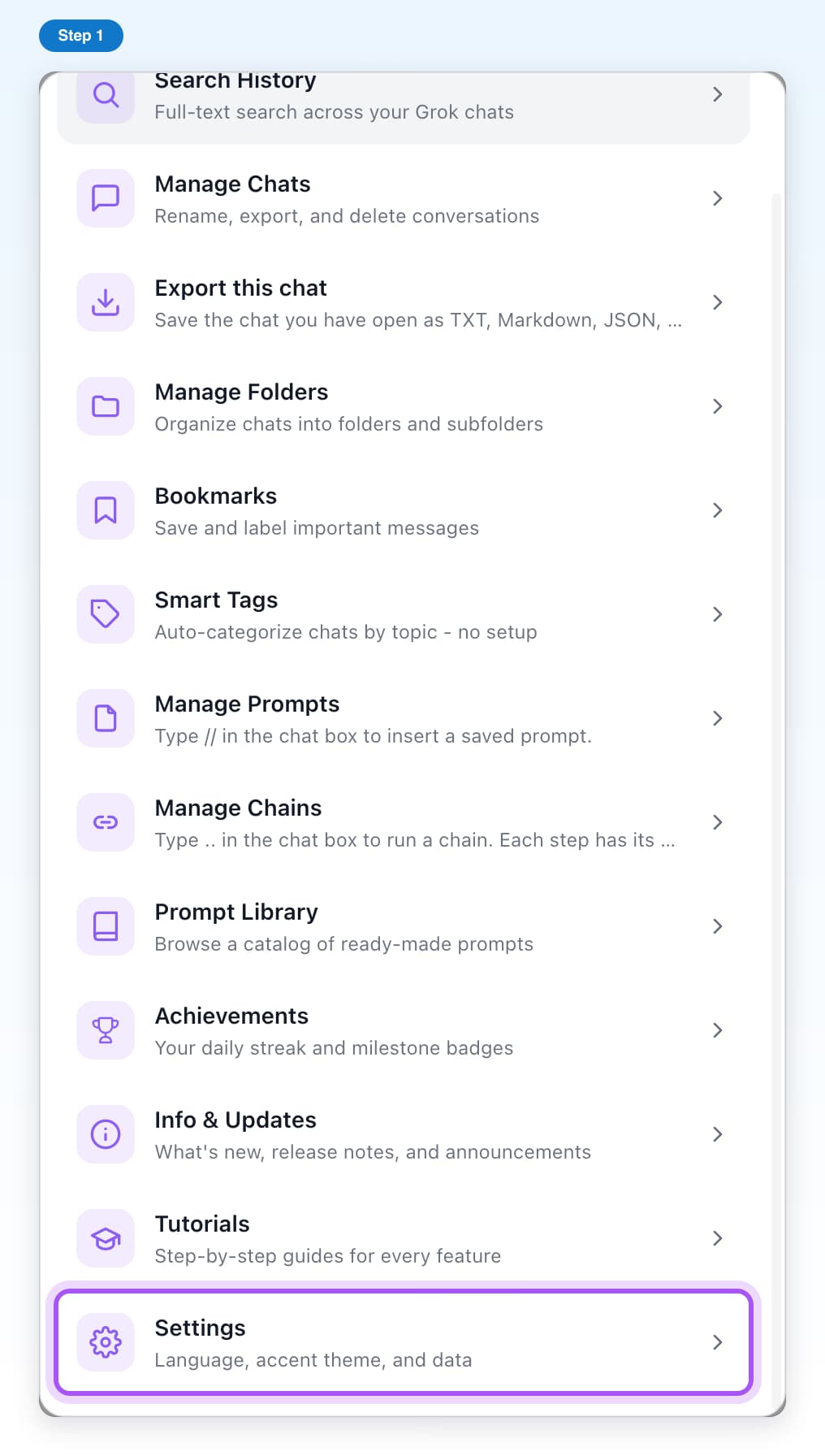 The AI Toolbox window on Grok with its list of features and the Settings row highlighted