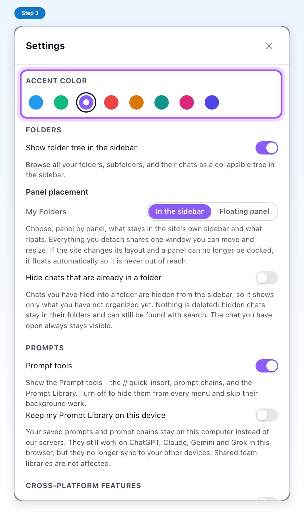 The Accent Color section in Settings with eight color circles, highlighted