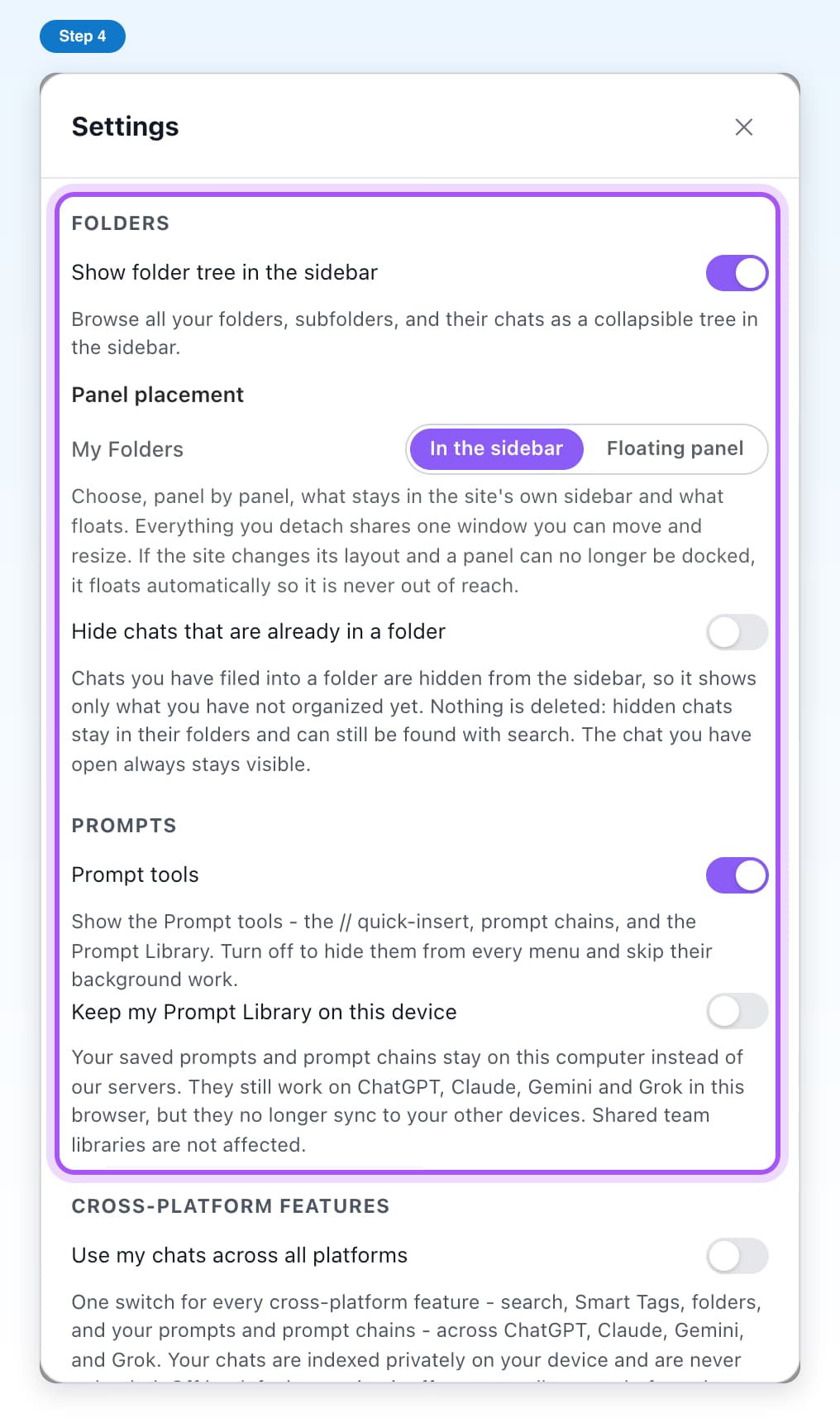 The Folders and Prompts sections in Settings with their switches, highlighted
