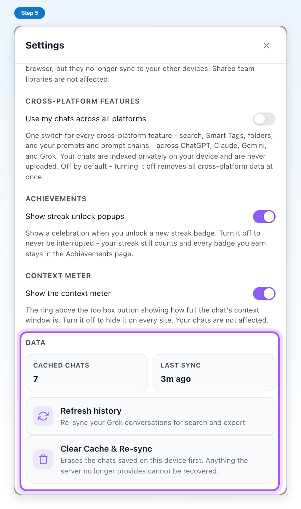 The Data section in Settings with Cached Chats, Last Sync, Refresh history and Clear Cache and Re-sync