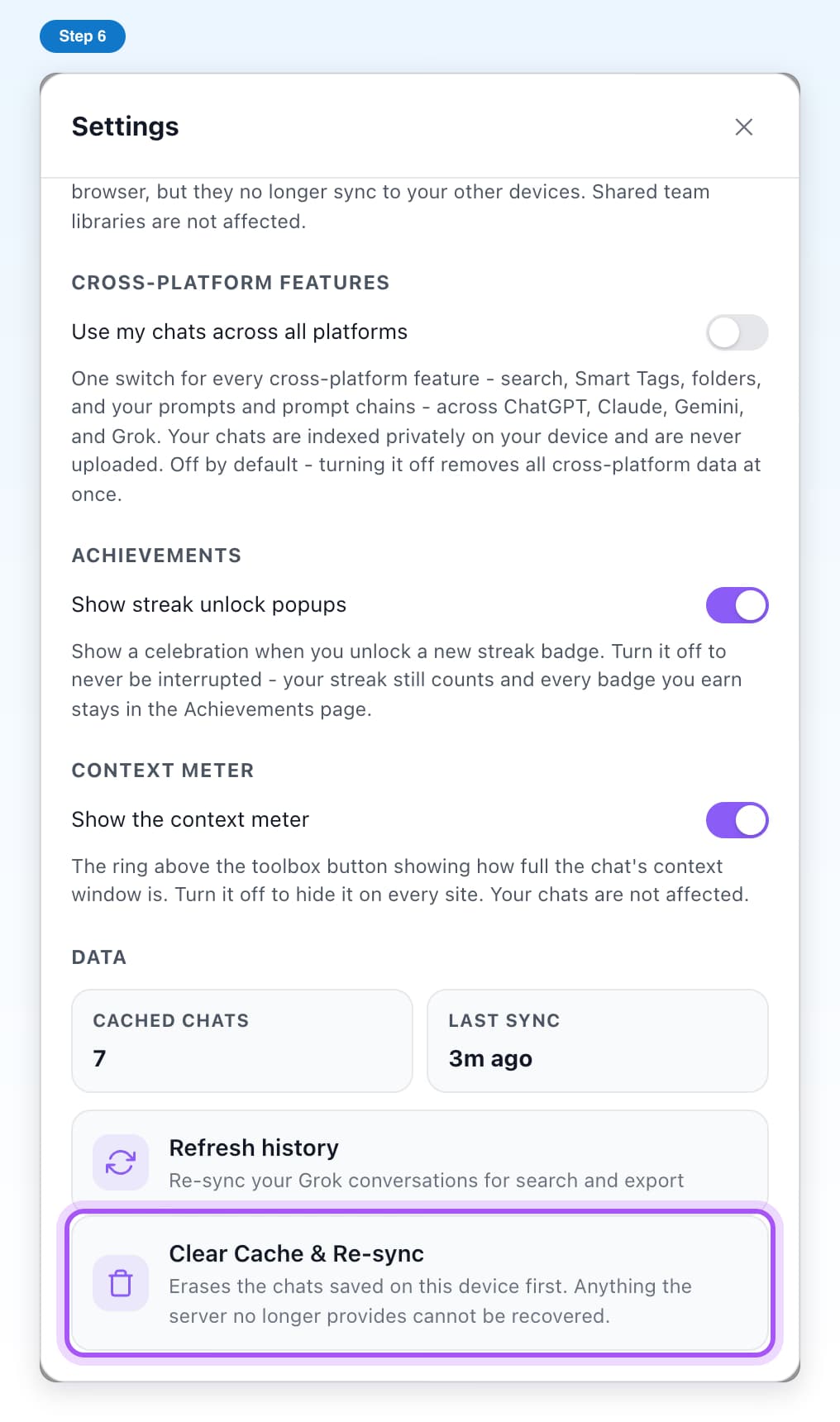 The Clear Cache and Re-sync button highlighted at the bottom of Settings